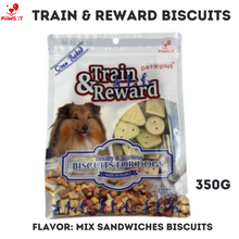 Load image into Gallery viewer, PAWS IT TRAIN &amp; REWARD Oven Baked Biscuits 350G Mix Mini Stuffed Biscuits, Mix Crunchy Biscuit White, Mix Sandwiches Biscuits, Mix Sandwich Bones
